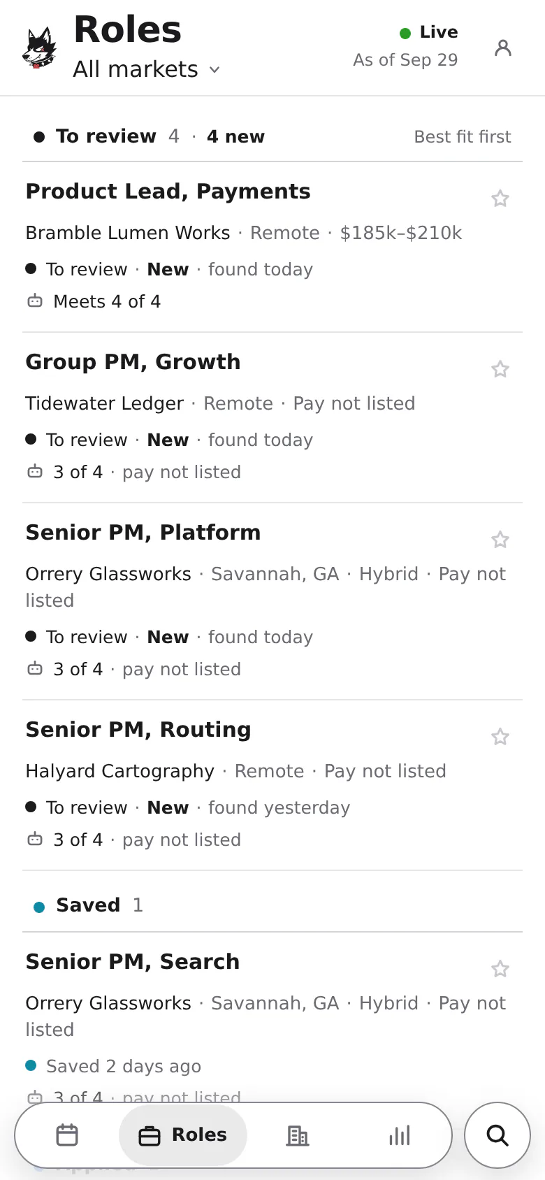 Jobs.Dog on a phone, with invented roles: four new product roles your agent found under To review, three of them today, the best fit first, each with your AI's read.
