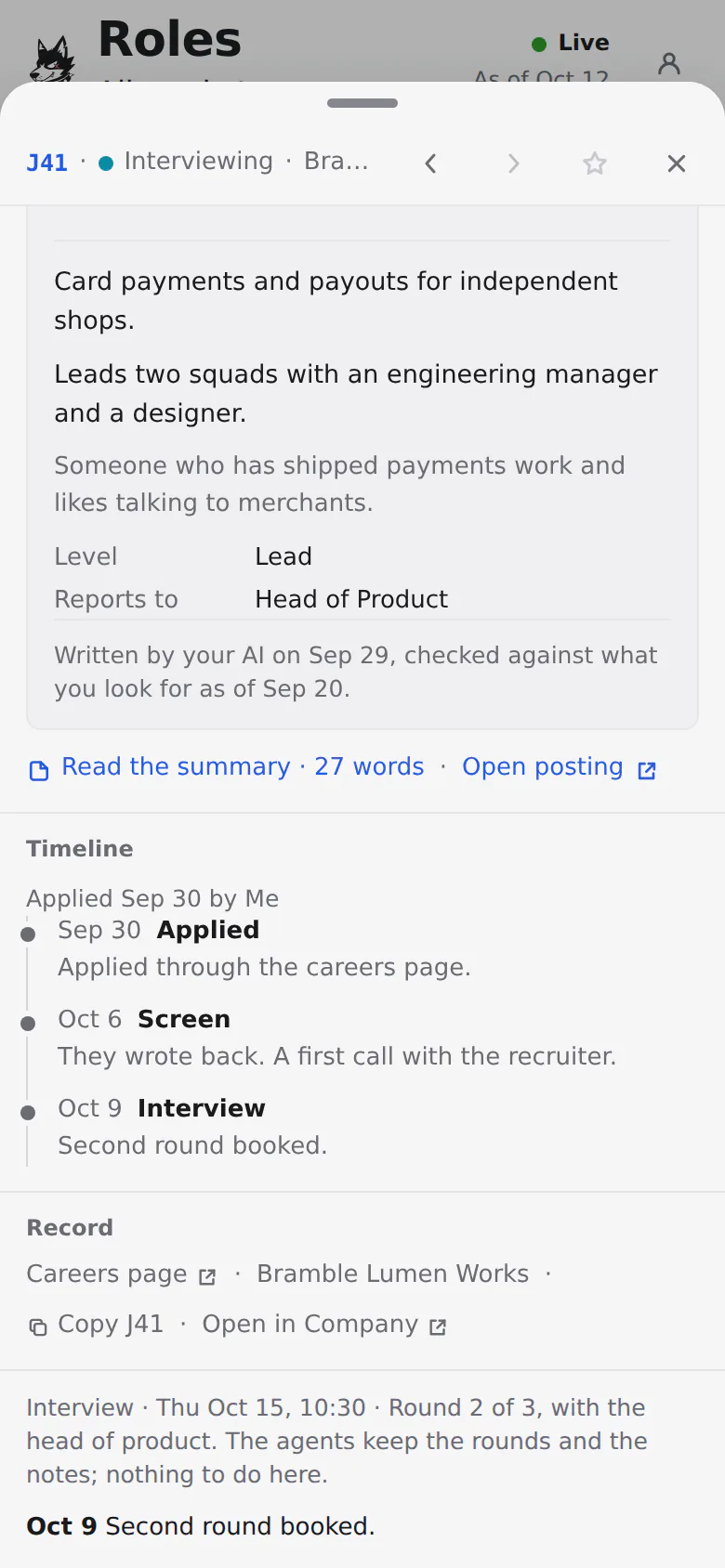 Two weeks on, the same invented role in Interviewing: its timeline shows applied, a reply and a first call, and a second round on Thursday.
