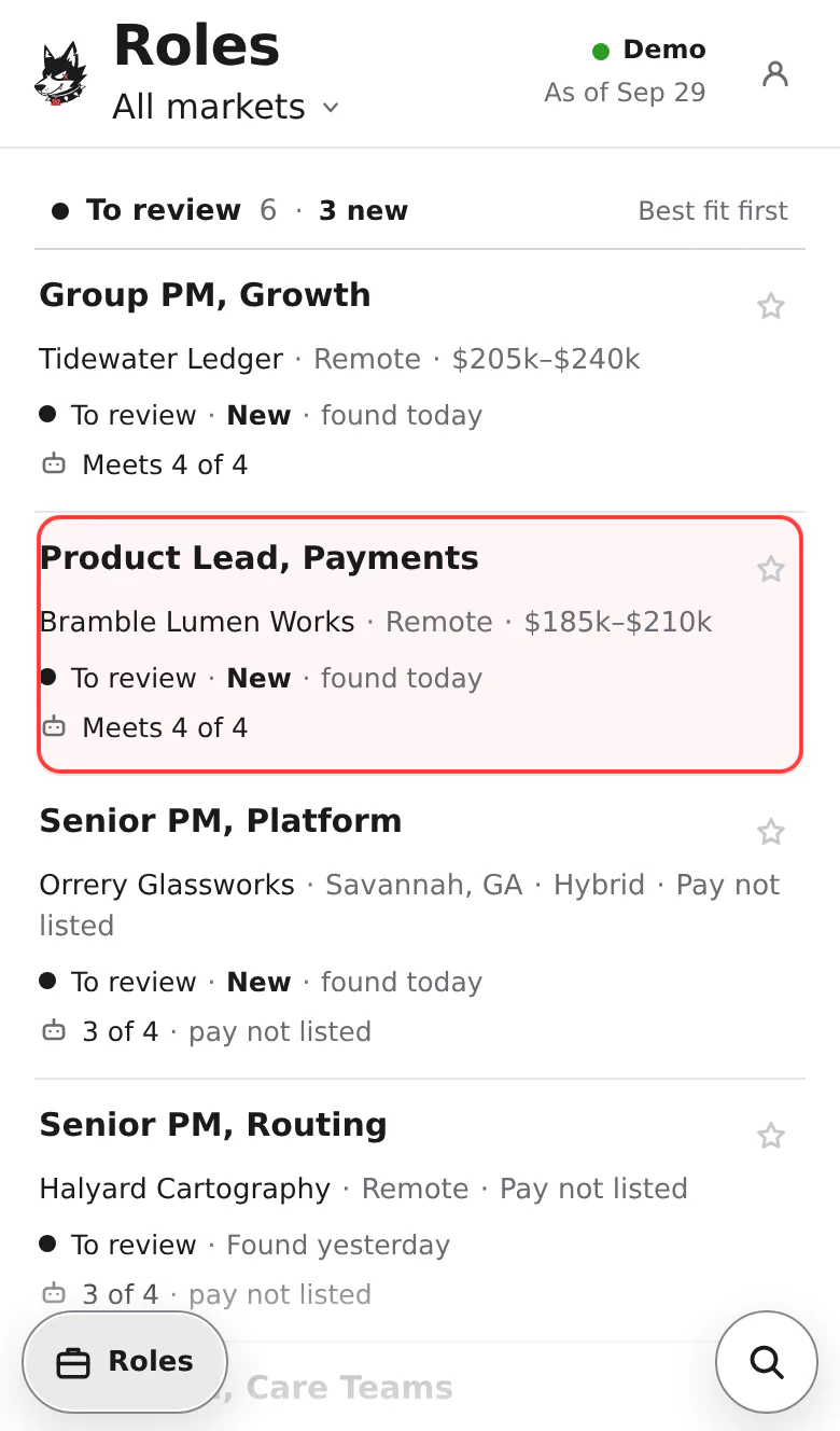 Jobs.Dog on a phone, with invented roles: new product roles your agent found under To review, three of them today, each with your AI's read, and one of them, Product Lead, Payments, outlined in red.